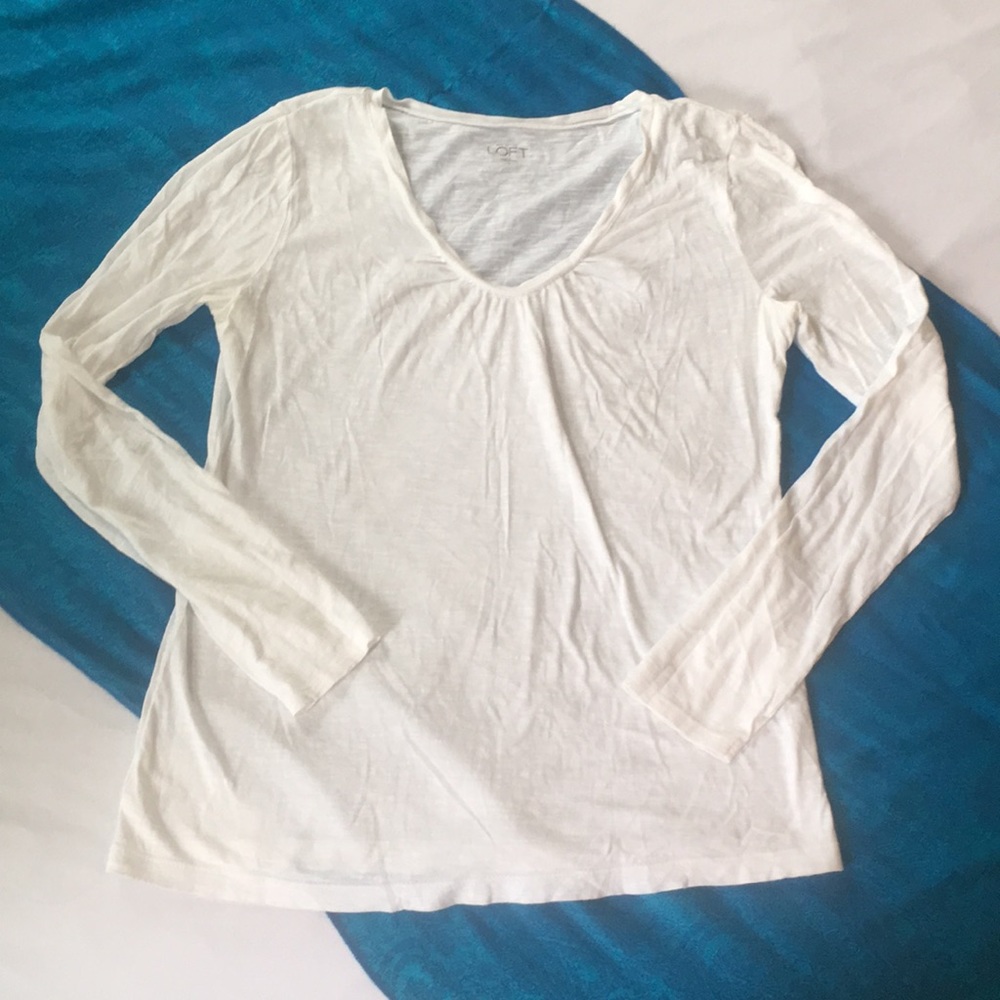 LOFT White Long Sleeve Shirt with Ruching at Neck